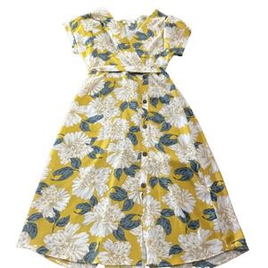 Monteau Yellow Floral Print Faux Wrap Dress Butterfly Sleeves Cottage Core Small